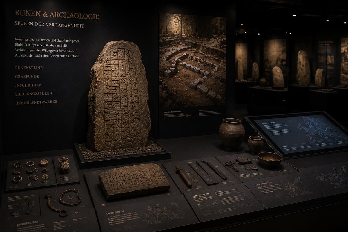 Wikinger Runen und Archäologie Ausstellung Saarbrücken Runenstein und archäologische Funde der Wikinger in einer Ausstellung in Saarbrücken